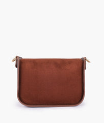 Dark brown suede saddle bag with twist lock